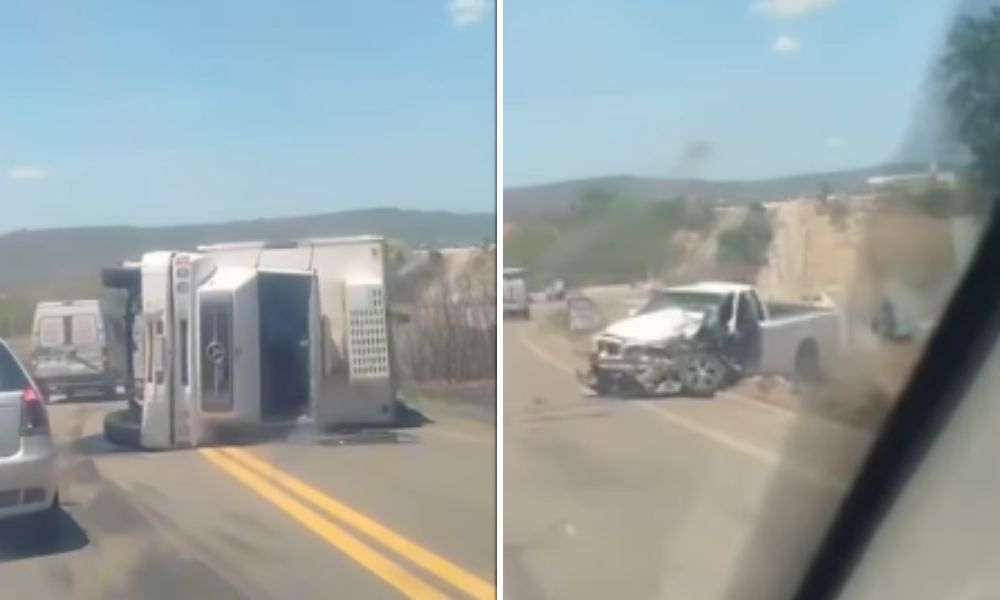 Caminhão bate em carro e tomba após ultrapassagem entre Crato e Farias Brito