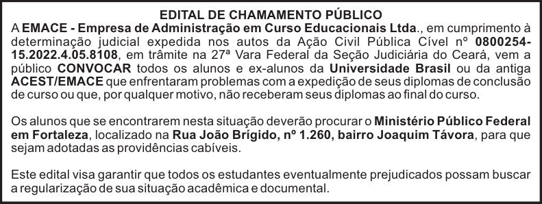 Edital de chamamento público da EMACE