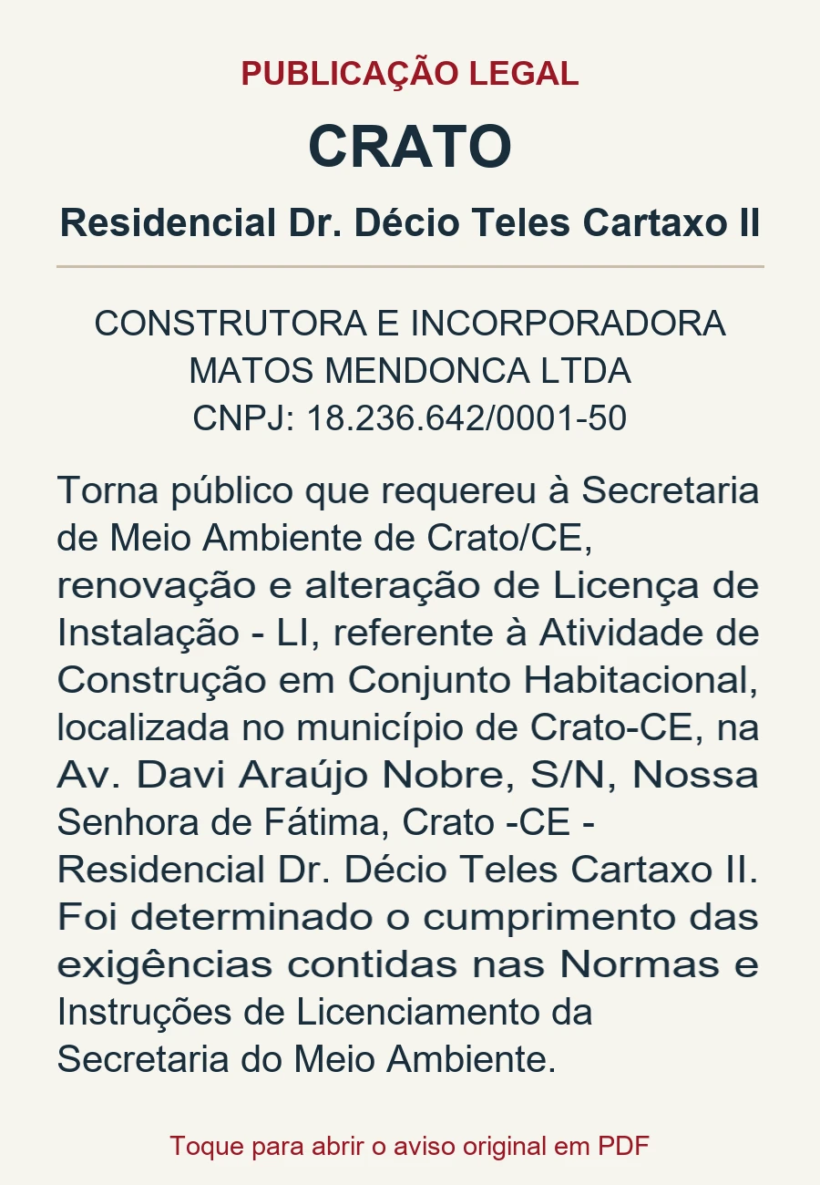 Publicação legal de licença de instalação: Residencial Dr. Décio Teles Cartaxo II, Crato