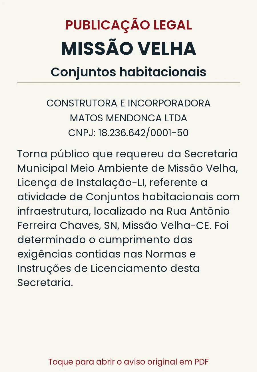 Publicação legal: Licença de Instalação — Conjuntos habitacionais, Missão Velha